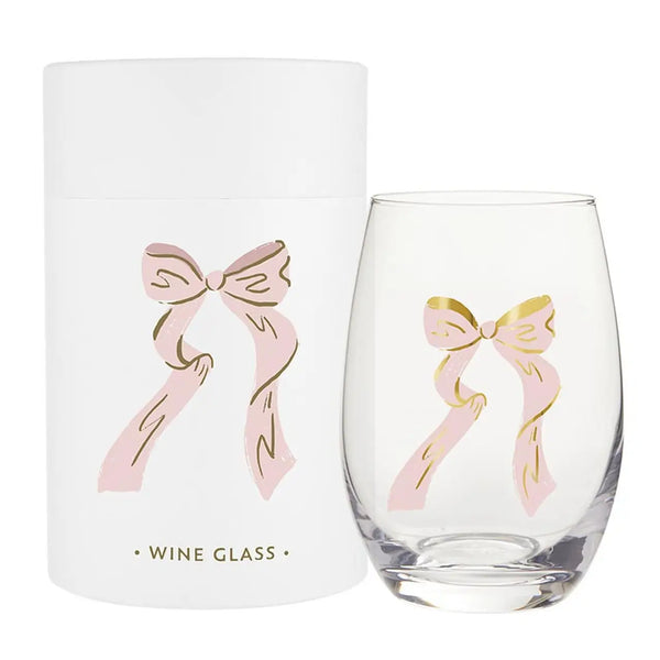 Stemless Wine Glass- Pink Bow